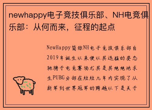 newhappy电子竞技俱乐部、NH电竞俱乐部：从何而来，征程的起点