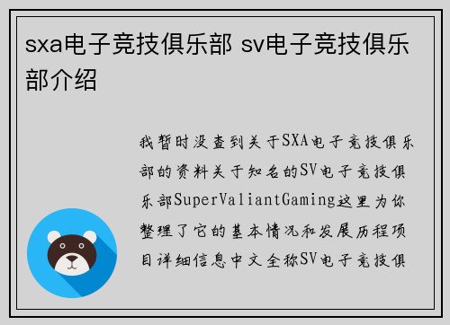 sxa电子竞技俱乐部 sv电子竞技俱乐部介绍